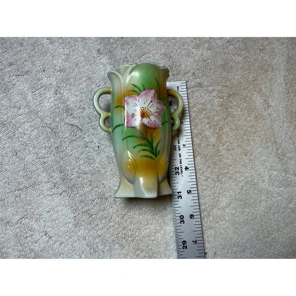 Vintage Made in Japan‎ Porcelain Bud Vase Hand Painted Floral Pink Green 4 Inch